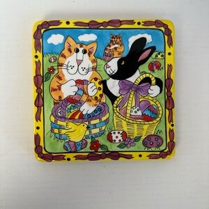 Catzilla Candace Reiter Tile Trivet Easter Cat and Rabbit Eggs Handpainted 2001